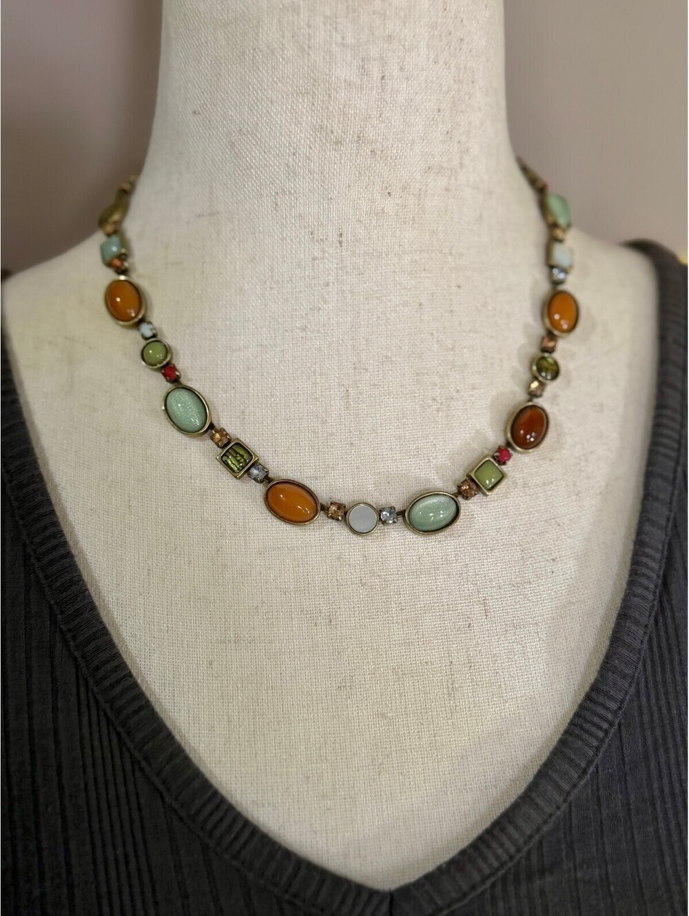 Multicolor Cabochon Necklace Green Amber Rhinestone Vintage Style Jewelry
